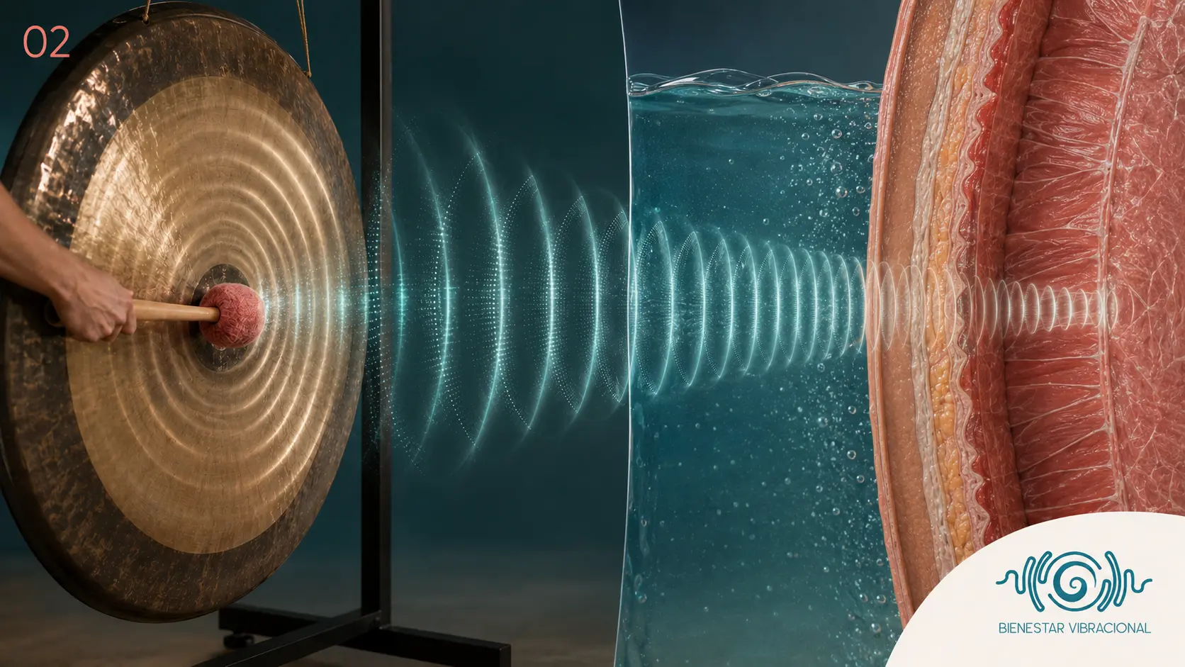 Una onda sonora del Gong propagándose por aire, agua y tejido