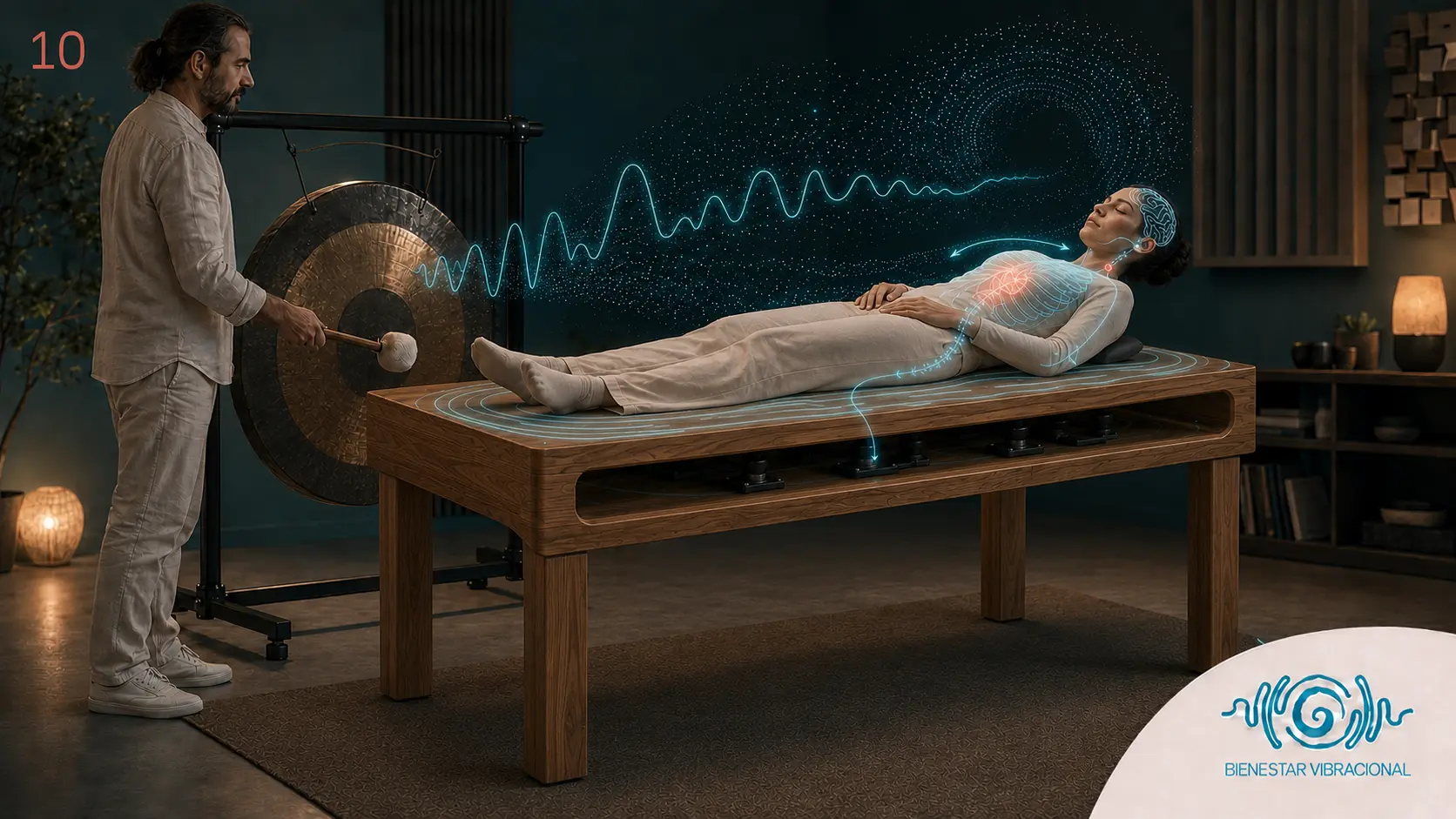 Sesión de Gong con una persona recostada sobre una cama vibroacústica elevada con transductores integrados