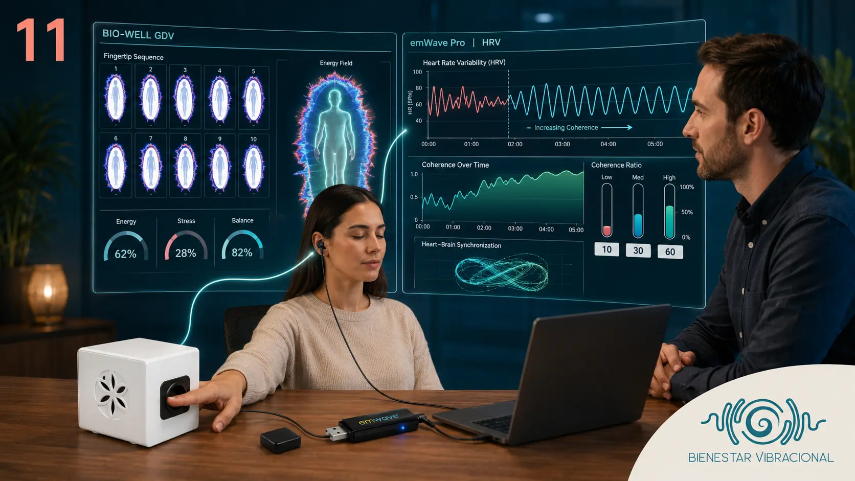 Medición conjunta con Bio-Well GDV y emWave Pro para visualizar registros digitales, HRV y coherencia